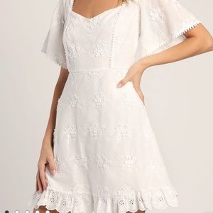 Lulu’s Morning in Mallorca White Cotton Eyelet Short Sleeve Mini Dress